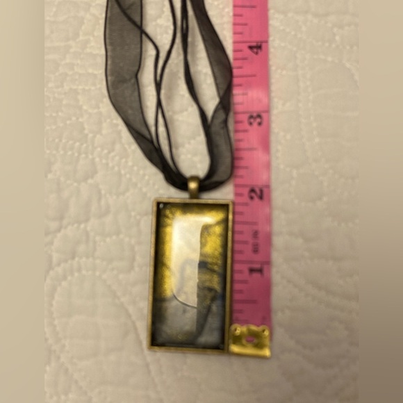 Elegant Black and Gold Rectangular Pendant & Sheer Ribbon Necklace - Picture 6 of 6